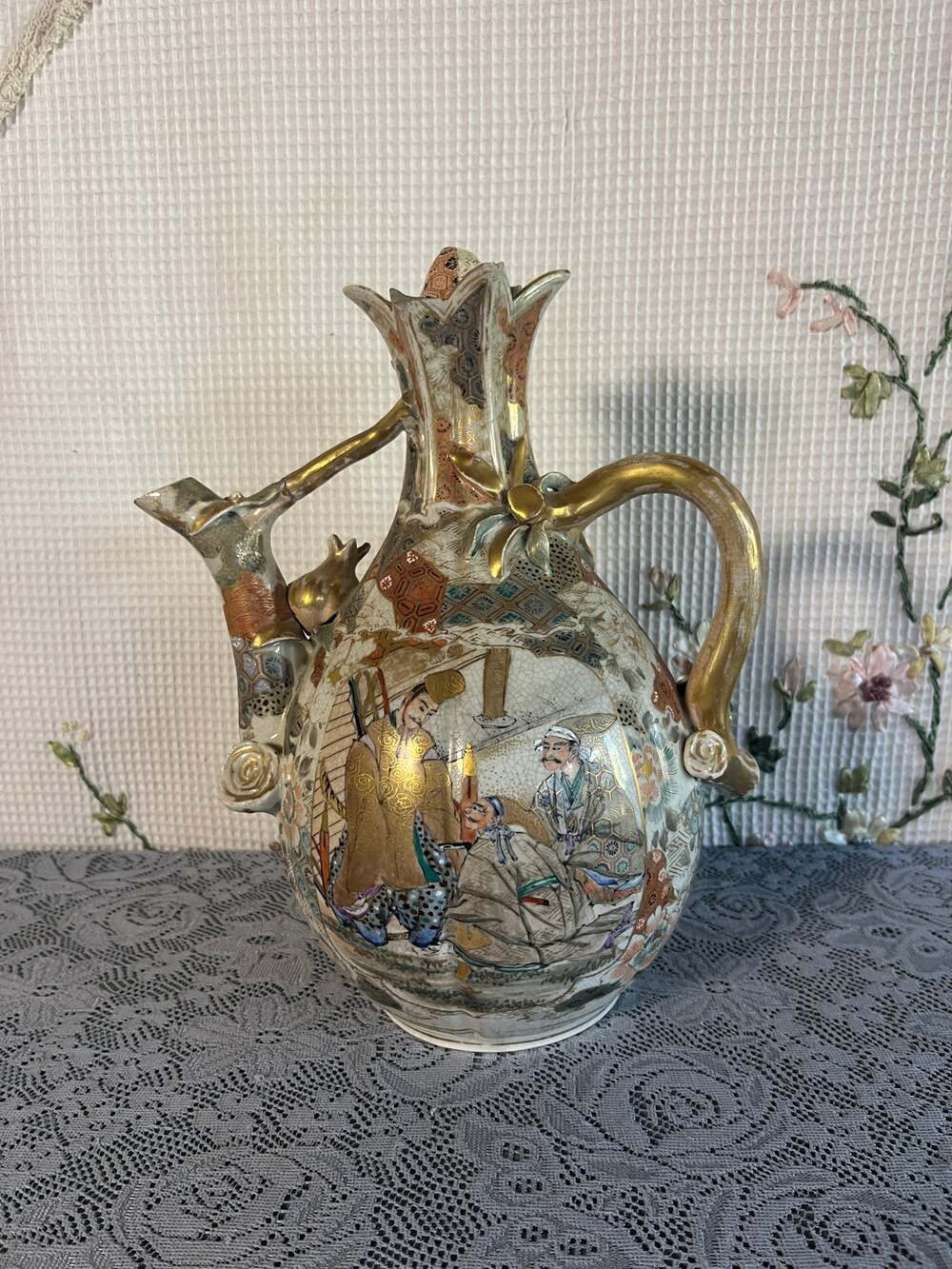 Japanese Satsuma Style Ewer Pitcher Gilt Figural Panels Applied Flowers Branch